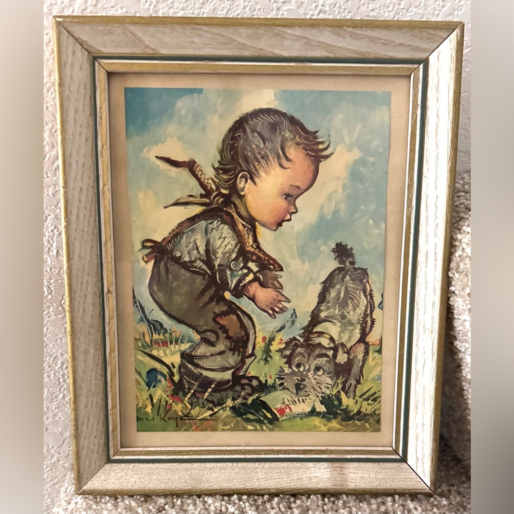 Framed Print of Boy with his Dog by Artist Jean Bukac 1955
